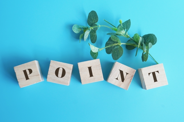 ポイントと書かれた木のブロックと草