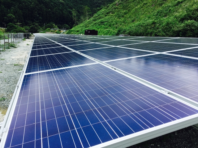 緑に囲まれた産業用ソーラーパネル