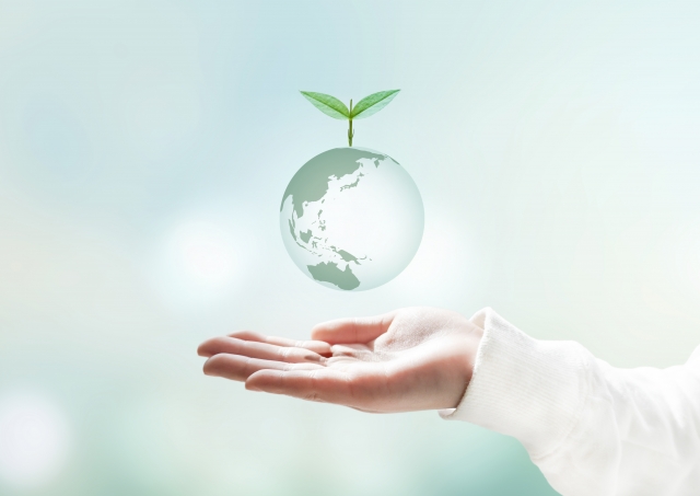 手のひらに浮かぶ地球と芽